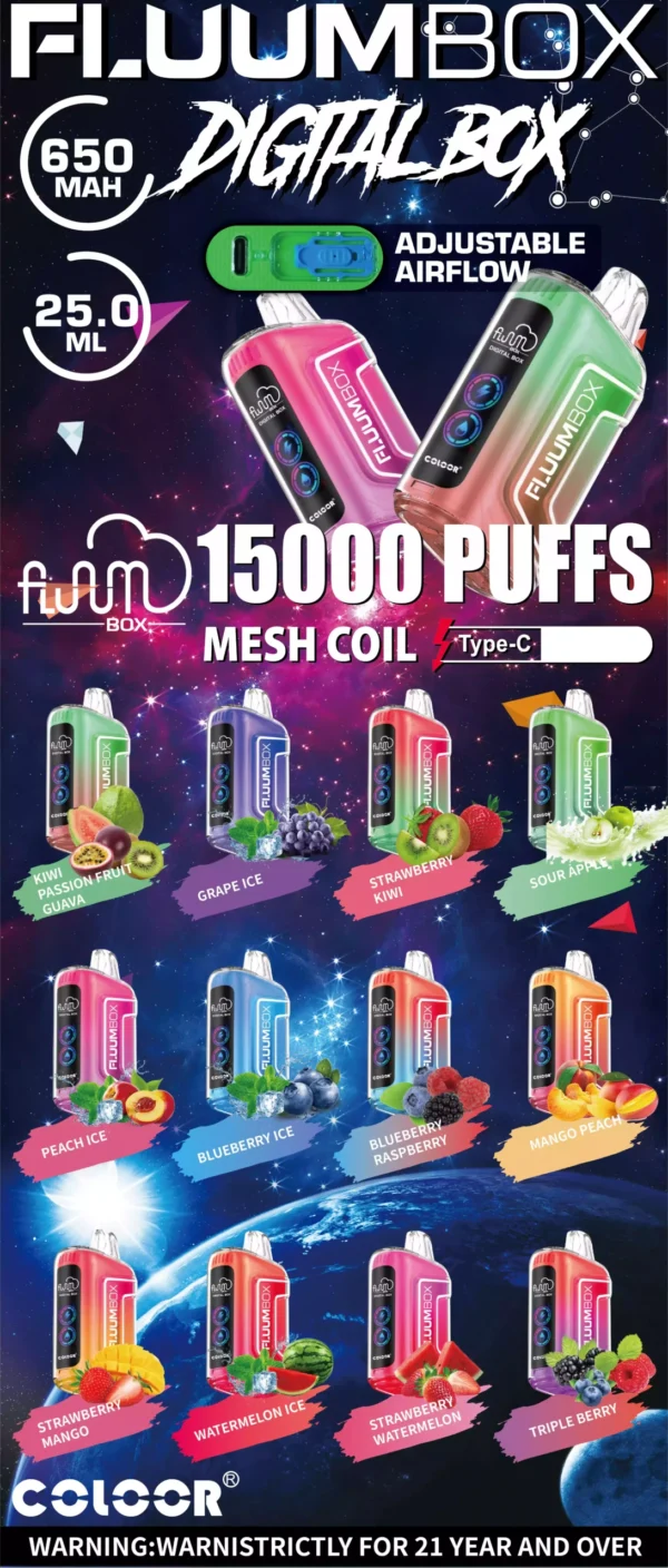 FLUUM Box 15000 LED Puffs Direto da fábrica, atacado, vapes descartáveis, vários sabores, opções com baixo teor de nicotina (13)