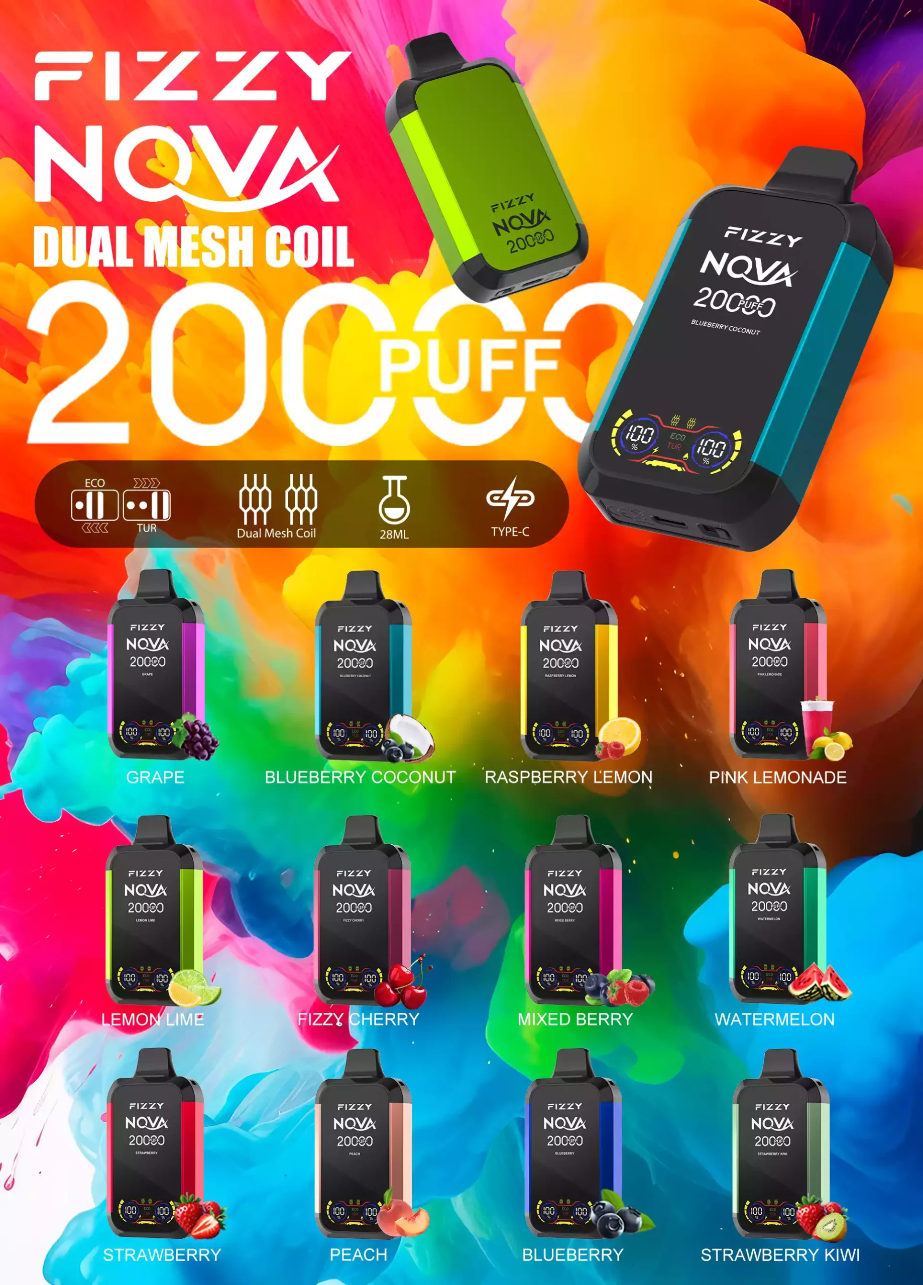 Fizzy Nova 20000 Puffs 28ML 850mAh 2% 5% Vapes descartáveis ​​com baixo teor de nicotina Direto da fábrica por atacado ampla seleção de sabores