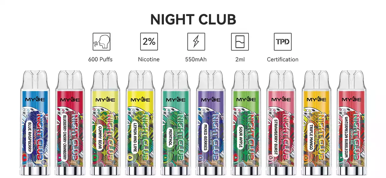 MYDE Night Club 600 vdihov 2,0 ml 500 mAh 2% Vape za enkratno uporabo z nizko vsebnostjo nikotina, veleprodajne tovarniške sorte svežih okusov (3)