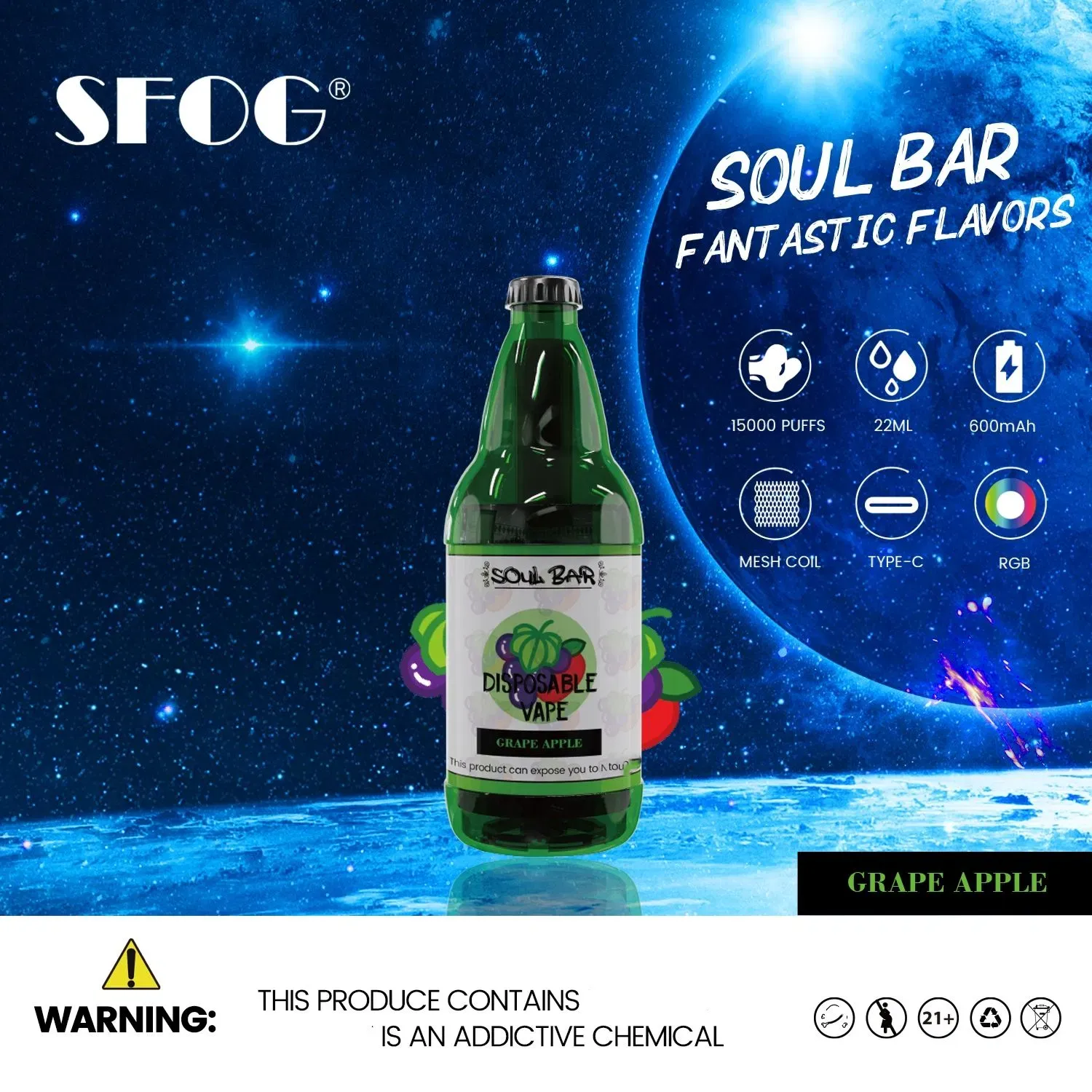 Sfog Soul Bar 15000 puffar 22ml 600mA låg nikotinhalt Engångsvapes i grossistledet direkt från fabriken Utforska smakmångfald (9)