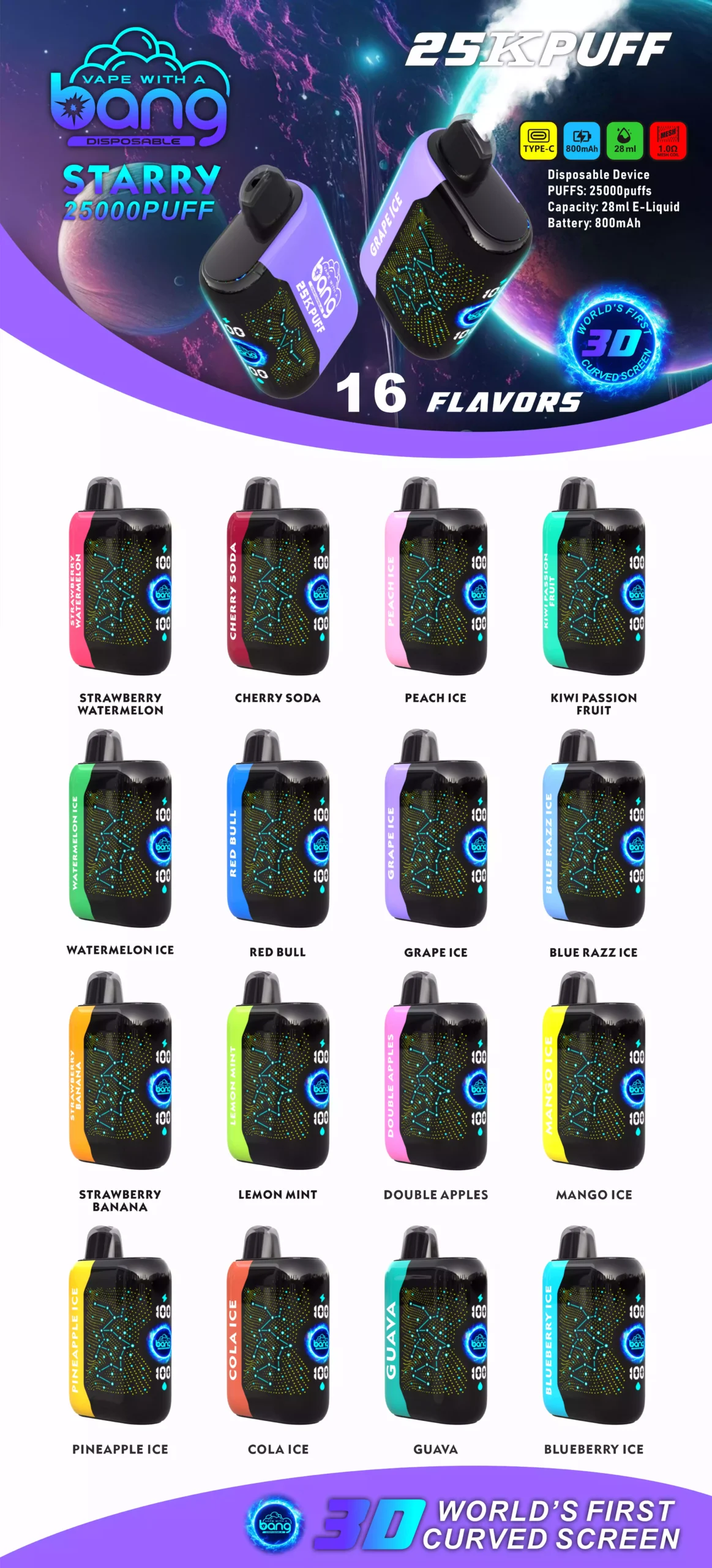 Bang STARRY 25000 Puffs 800mah Tipo C Vape descartável recarregável Compre a granel e economize em sabores com baixo teor de nicotina (7)