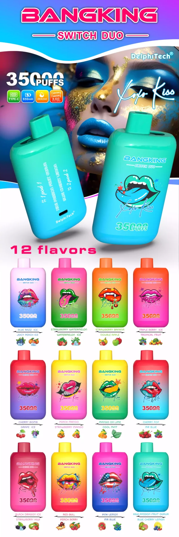 Best Rated BANG KING 35000 Puffs B35K DUO Disposable Vape 0% 2% 3% 5% Nicotine 650 mAh Battery 12 Flavors Volume Purchase (12)