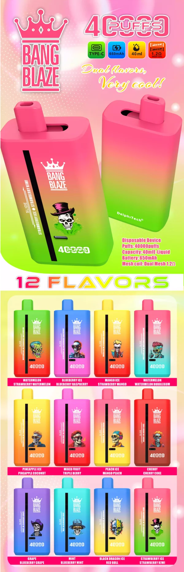 Latest Bang Blaze 40000 Puffs BK40S Disposable Vape with 2 Percent 3 Percent 5 Percent Nicotine 650mAh Battery and 40ml E Liquid Source Factory Direct Sales (12)