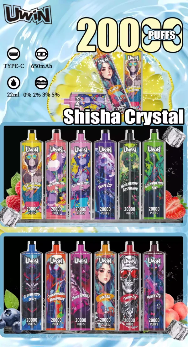Uwin Shisha Hookah Crystal 20000 Puffs 12 Flavor Options with 0 to 5 Percent Nicotine and Mesh Coil for Direct to Lung Experience (6)
